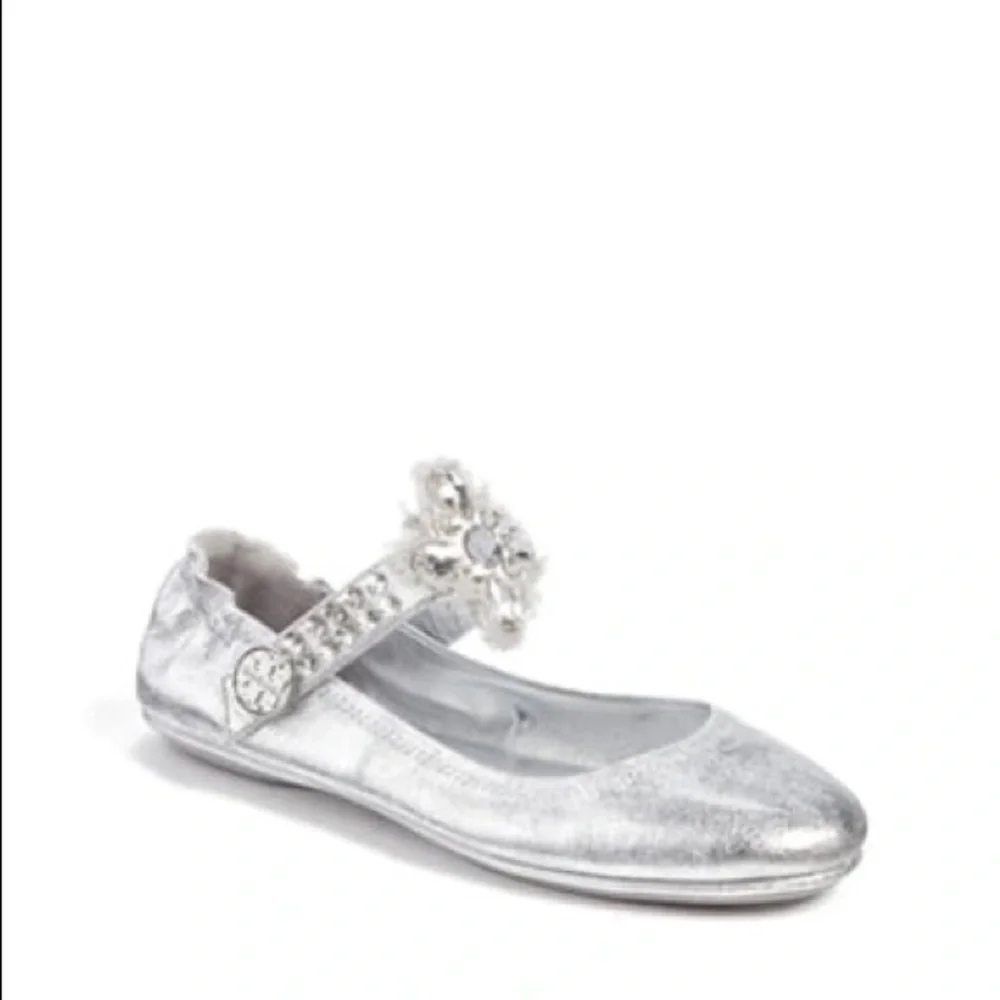 NEW!! Women’s Tory Burch Minnie Embellished Strap Ballet Flat 6M Silver Leather